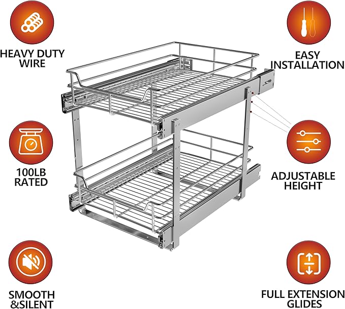 JOWBOOW 2 Tier Pull Out Cabinet Organizer (11" W x 22" D), Roll Out Shelves and Drawer for Kitchen Pantry Storage Basket, Heavy-Duty Metal Sliding Shelf