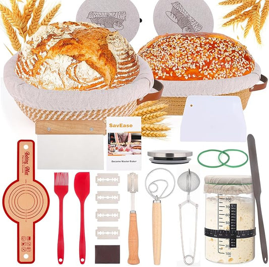 SavEase Sourdough Bread Baking Supplies, Complete Sourdough Starter Kit, 9" Round & 10" Oval Bread Proofing Basket with Sour dough Starter Jar, Bread Making Tools Gifts for Bakers Women Wife Mom