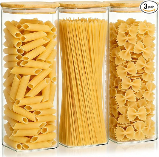 KEYWING 72oz Glass Spaghetti Pasta Storage Containers with Lids, 3-Pack Tall Square Airtight Food Jars for Pantry Noodles Flour Oats Cereal Sugar Beans