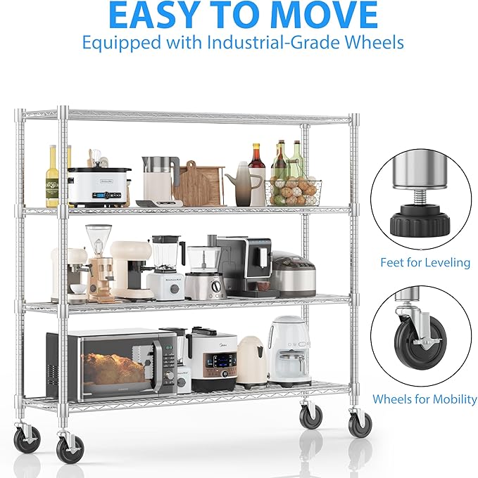 Homdox Heavy Duty Metal Shelves for Storage, 4 Tier Storage Racks and Shelving, Commercial Adjustable Wire Shelving Unit on Wheels, Garage Rack Pantry Shelves Kitchen Shelving, 18"x60"x72", Chrome
