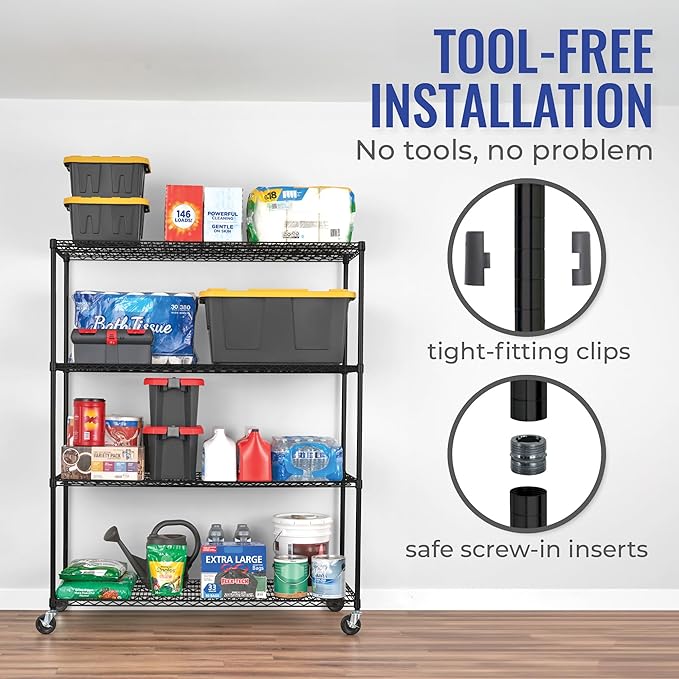 SafeRacks - NSF Certified Storage Shelves, Zinc, Heavy Duty Steel Wire Unit with Wheels and Adjustable Feet, Garage or Bakers Rack, Kitchen, Pantry Shelf - (24"x60"x72" 4-Tier) (Black)