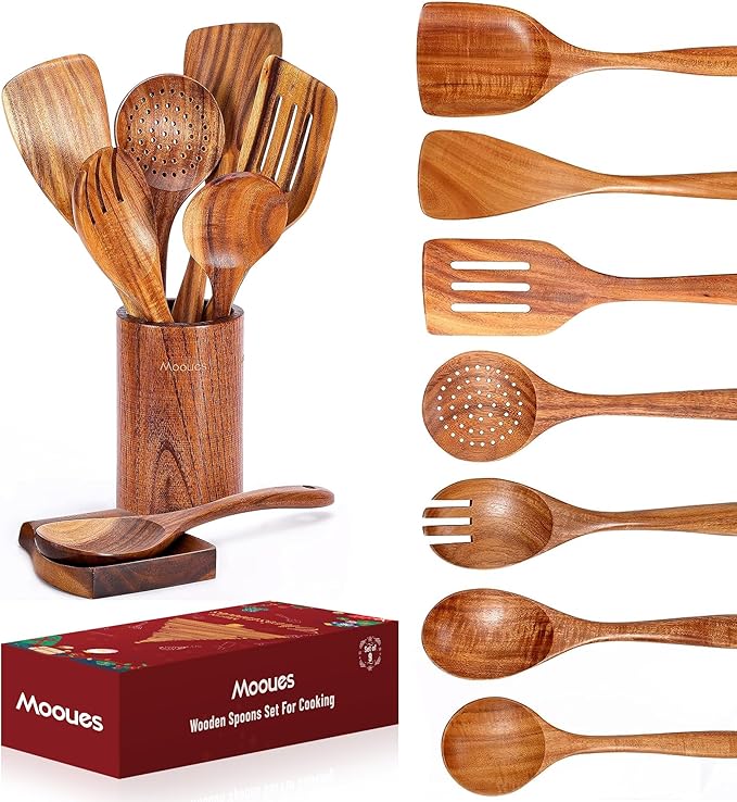 Mooues Wooden Spoons for Cooking, Wooden Utensils for Cooking Natural Teak Wooden Kitchen Utensils Set Comfort Grip(9 PCS Xmas Gift)