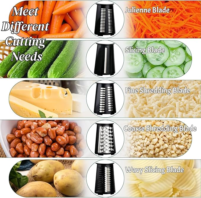 CHDEXU Rotary Cheese Grater with Handle, Manual Vegetable Slicer Grater with 5 Detachable Stainless Steel Blades, Round Grater Slicer Hand Crank Food Chopper for Kitchen with Blade Storage Box