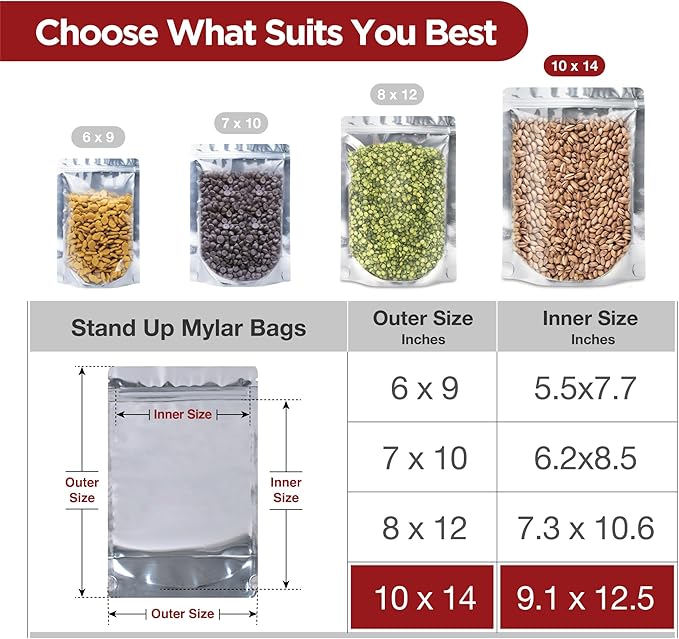 BELLE KR® Clear Mylar Bag 8"x12" - Pack of 100, 8 Mil Thick - 2 Quart Stand Up See Through Mylar Bags for Food Storage with Label Stickers