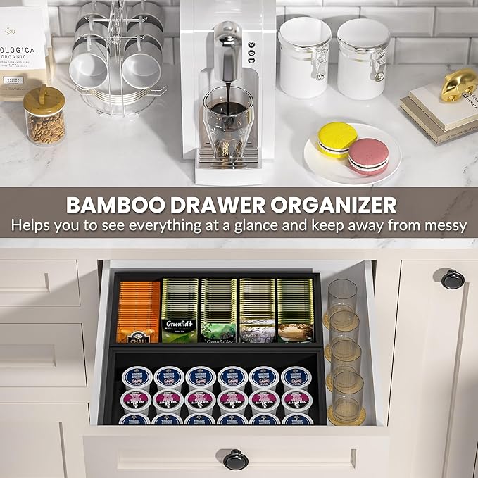 Greatseas Kitchen Drawer Organizer Bins, Stackable Bamboo Drawer Organizer for Silverware, Coffee Pod Organizer K Cup Holder for Countertop, 2 Pcs Coffee Station Organizer Black 12" x 6" x 2.5"