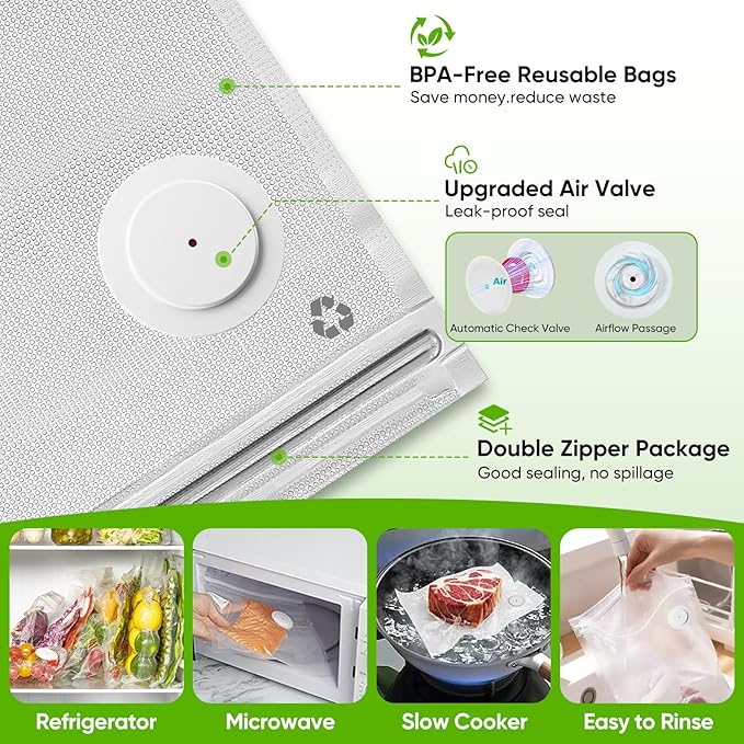 COZII Food Saver Vacuum Sealer Machine with 30 Bags, Preserve Compact Vacuum Sealer with Visible Water Tank, Handheld Portable, 60KPa Powerful suction, Wireless Rechargeable for 8X Fresh