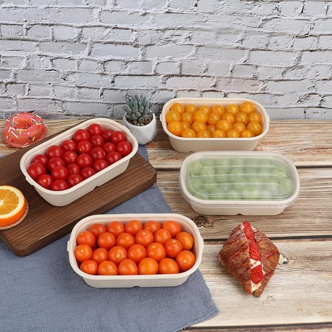 JAYEEY 23 oz Disposable salad bowls with lids, Sugarcane Fiber Paper Bowls take away food containers meal prep food storage deli container 50 Pack