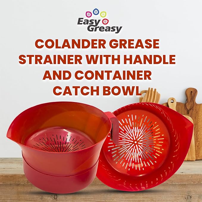 Easy Greasy Colander Grease Strainer With Handle And Container, Catch Bowl With Lid 3 Piece Strain Set | Strains Ground Beef, Bacon & Pasta | Safe Kitchen Gadget BPA Free | Made In The USA (Red)