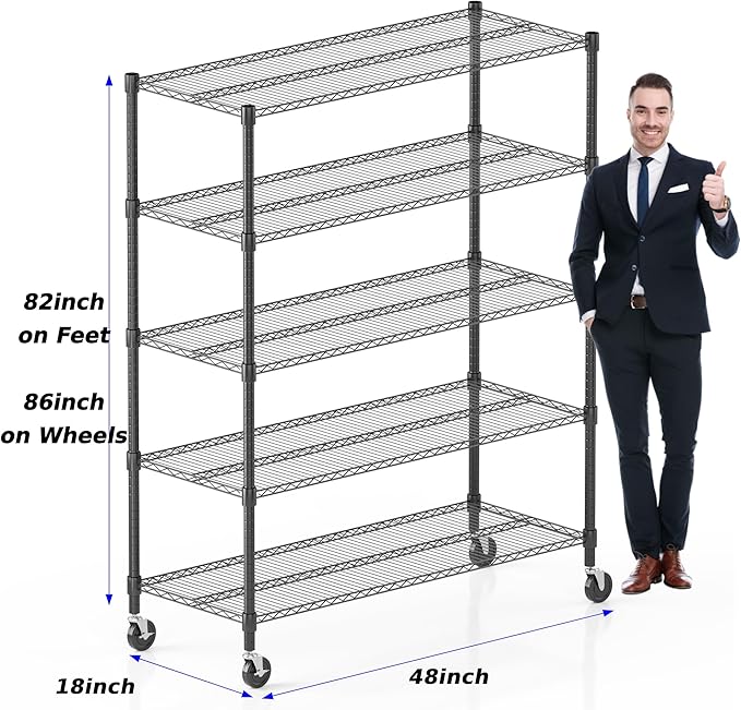 Homdox Heavy Duty Storage Shelves, 5 Tier Wire Shelving Unit with Wheels, Commercial Adjustable Metal Shelves for Storage, Garage Rack Pantry Shelves Kitchen Shelving, 18"x48"x82", Black
