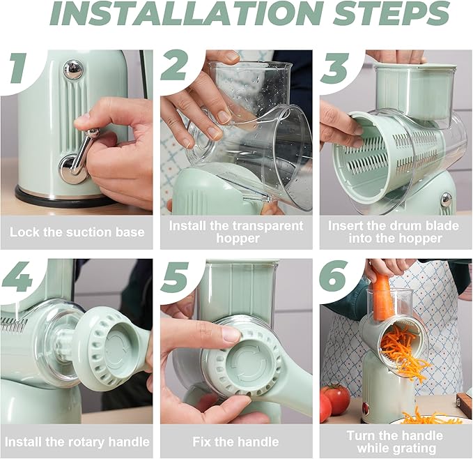 Rotary Cheese Grater Hand Crank with 5-in-1 Interchangeable Blades & Strong Suction Base Vegetables Shredder Manual Slicer for Kitchen, Green