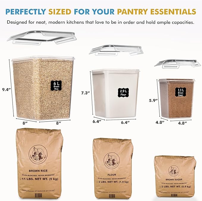 Shazo Flour Sugar Storage Containers Set of 3 (6L, 2.9L, 1.1L) Large Airtight Food Storage Containers with Lids, BPA-Free Plastic Container for Kitchen & Pantry Organizers, Cereal, Rice & Pasta