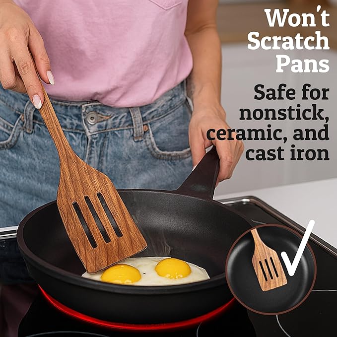 PriorityChef Teak Wooden Slotted Turner - Nonstick-Safe Cooking Spatula for Flipping, Stirring & Serving, Handcrafted from Single Block of Wood, Durable & Easy to Clean