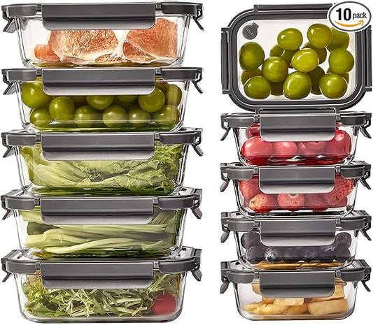 Spreccio Glass Food Storage Containers with Lids,10 pack [36oz*5+13.5oz*5], Glass Meal Prep Container with Airtight Lids, Microwave Safe Food Container Set, BPA Free, LeakProof, Ideal for Lunch