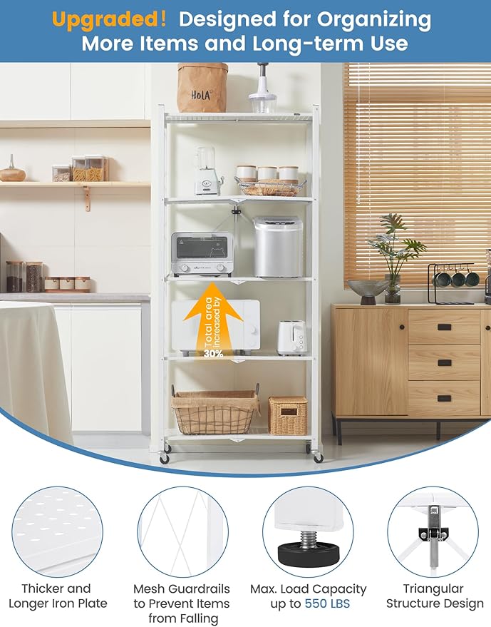 ALANNG 70.7" H Metal Storage Shelves, 5 Tier Folding Shelf on Wheels, Heavy Duty, No Assembly, Rolling, Collapsible Rack Unit for Kitchen, Basement, Pantry (White,2 Pack)