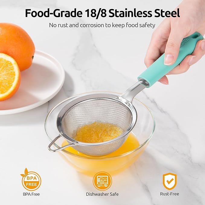 U-Taste Fine Mesh Food Strainer: 18/8 Stainless Steel 30 Mesh Kitchen Sieve with Sturdy Riveted Silicone Handle, Heavy Duty Deep Handheld Metal Colander (Small/3.35in+Medium/4.73, Aqua Sky)
