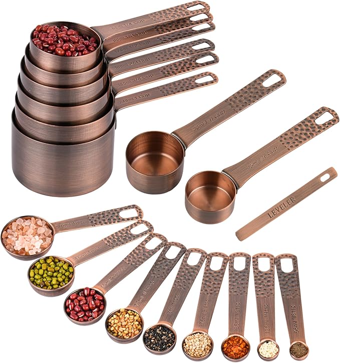 SUNMVEHOT Copper Measuring Cups and Spoons Set 20 for Kitchen & Baking, Metric & US Stainless Steel Measuring Cups and Spoons with Leveler for Dry & Liquid, 8 Copper Plated Measure Cup & 9 Spoon