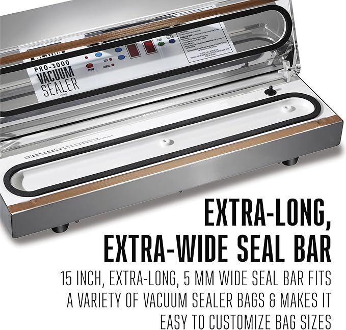 Weston Brands Vacuum Sealer Machine for Food Preservation & Sous Vide, Extra-Wide Bar for Sealing Bags up to 15" Wide, 935 Watts, Commercial Grade Pro 3000, Programmable LED Controls, Stainless Steel