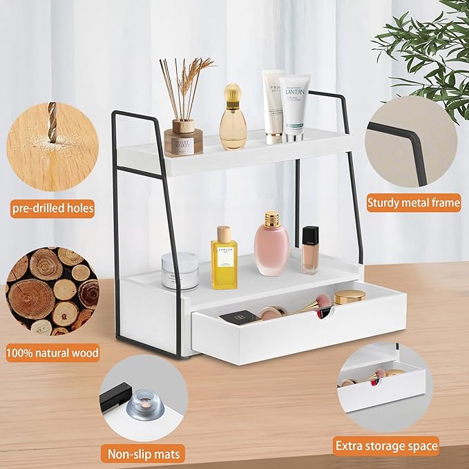 dreampossible 2-Tier Bathroom Organizer Countertop with Drawer, Wood Counter Organizer for Bathroom Decor, Sink Shelf for Vanity Storage, Makeup Tray for Perfume Skincare Bedroom Kitchen Corner