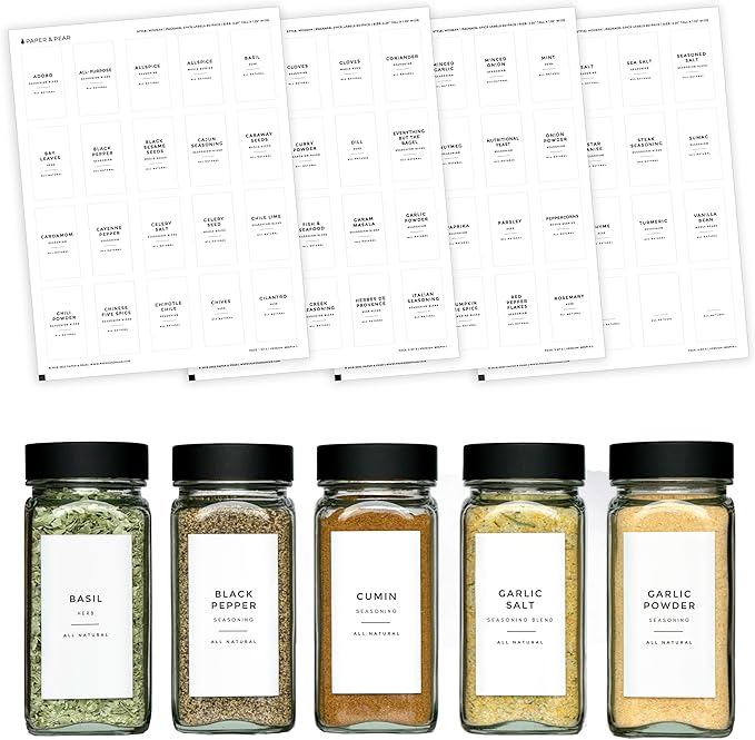 Modern White Spice Labels Stickers Preprinted Waterproof by Paper & Pear - Oil Resistant Kitchen Pantry Labels for Home Improvement - 2.25x1.25 Inches Pantry Stickers - Set of 80 (No Jars)
