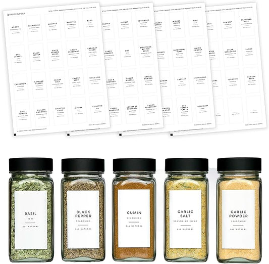 Modern White Spice Labels Stickers Preprinted Waterproof by Paper & Pear - Oil Resistant Kitchen Pantry Labels for Home Improvement - 2.25x1.25 Inches Pantry Stickers - Set of 80 (No Jars)