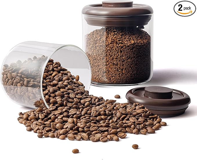 Clear Glass Coffee Container 2-Pack with Pop Lids & Valves - Airtight Canister for Freshness, See-Through Pantry Organization - Storage for Coffee Beans, Cereal & Dry Food, 6OZ Countertop Jar