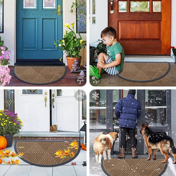 Smiry Half Circle Front Door Mat Outside Entrance, Heavy Duty Sturdy Natural Rubber Doormat, Trap Dirt and Moisture, Low Profile Mats for Indoor Outdoor Entry, Irregular Triangle (29.5x17, Brown)