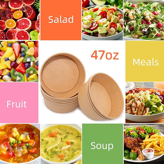 Disposable Round Paper Bowls with Lid 47oz Compostable, 50 Sets Microwave Deli Containers Leakproof, Extra Large Meal Prep Food Container Box, Sturdy Salad Dressing Bowl for Soup Toppings Picnic