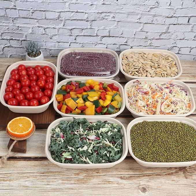 JAYEEY 35 oz Disposable salad bowls with lids, Sugarcane Fiber Paper Bowls take away food containers meal prep Plant Fiber deli container 50 Pack