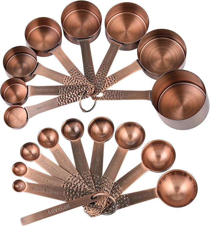 SUNMVEHOT Copper Measuring Cups and Spoons Set 20 for Kitchen & Baking, Metric & US Stainless Steel Measuring Cups and Spoons with Leveler for Dry & Liquid, 8 Copper Plated Measure Cup & 9 Spoon