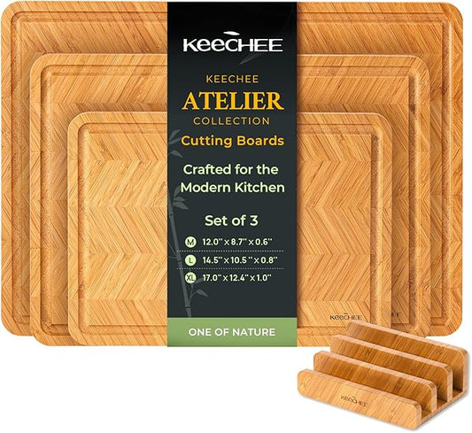 Keechee Atelier Collection Bamboo Cutting Board Set of 3, Reversible Wood Chopping Boards for Kitchen with Juice Grooves, Handcrafted Large Serving Tray, Luxury Housewarming Wedding Gifts for New Home