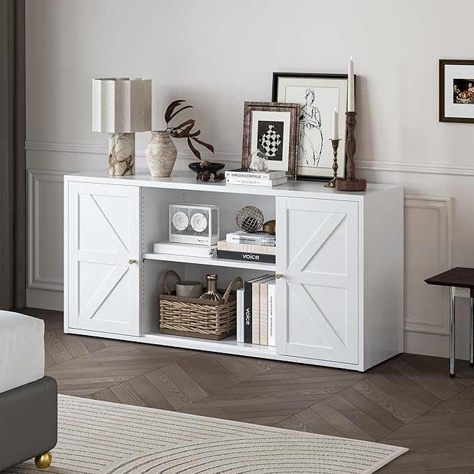 LCAOPC Metal TV Stand for 65 Inch TV, Farmhouse TV Entertainment Center with Storage Cabinets and Adjustable Shelves, Modern Media TV Console Table, TV Cabinet for Living Room, White