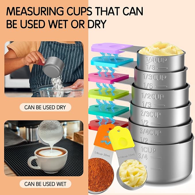 Minteem Magnetic Measuring Cups, 8 Stainless Steel Nesting Measuring Cup Set for Measuring Dry or Liquid Ingredients