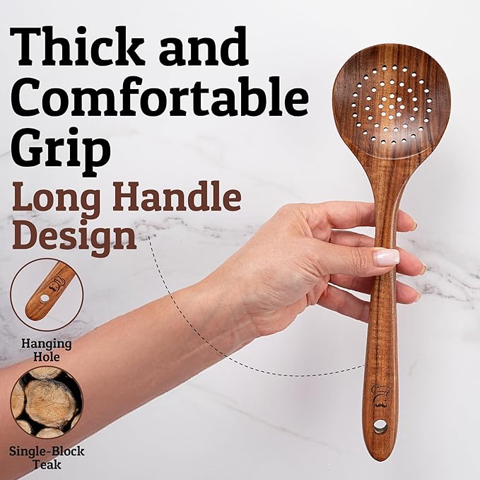 PriorityChef Wooden Skimmer Spoon – Teak Large Slotted Spoon For Cooking or Frying, with Long Handle, Nonstick Safe and Hand-Finished – Durable Wooden Strainer for Kitchen Use