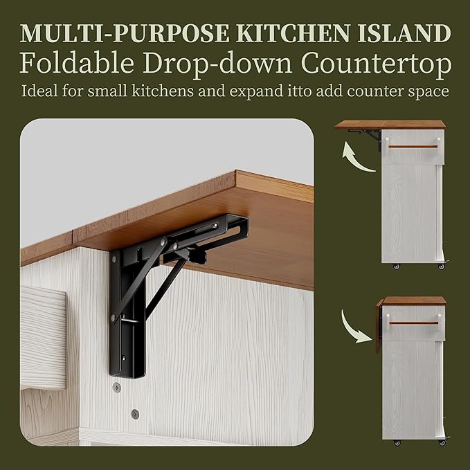 DHH Rolling Kitchen Island with Drop Leaf Countertop&Ample Storage - 39.4" Small Mobile Kitchen Cart On Wheels with Sliding Door,Drawers,Spice Rack & 2-Tier Storage (White)