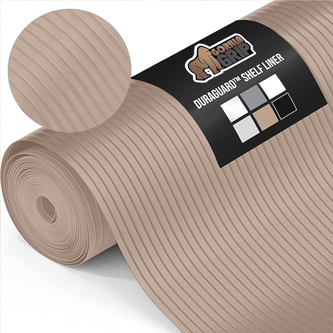 GORILLA GRIP DuraGuard Shelf Liner, Non-Adhesive Cabinet Liners for Kitchen Drawers, Shelves, Refrigerator, Pantry Storage, Bathroom Closet, Durable Waterproof BPA Free Ribbed Plastic, 17.5x10 Beige