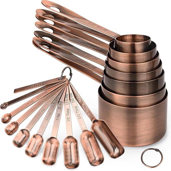 Nstezrne Copper Measuring Cups and Spoons Set 17 for Dry & Liquid, Metric & Us Stainless Steel Measuring Cups and Spoons Set with Leveler for Kitchen & Baking with 3/4 & 2/3 Measurer Cup