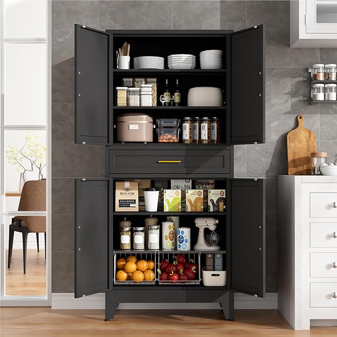 LCAOPC 71" Tall Pantry Storage Cabinet with Drawer and Adjustable Shelves, Freestanding Tall Kitchen Cupboard Storage Cabinet for Kitchen,Dining Room, Living Room, Black