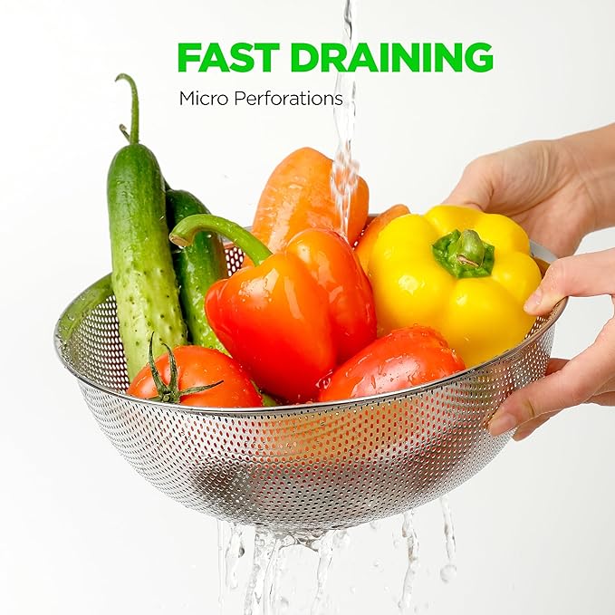 COMPORT K Premium 18/8 304 Stainless Steel Micro-Perforated Small and Big Colander Set of 4 with rings - 3.5-5.5-7.5-9.5 Quart Set, Self-Draining Solid Base for Pasta, Fruits, Vegetables