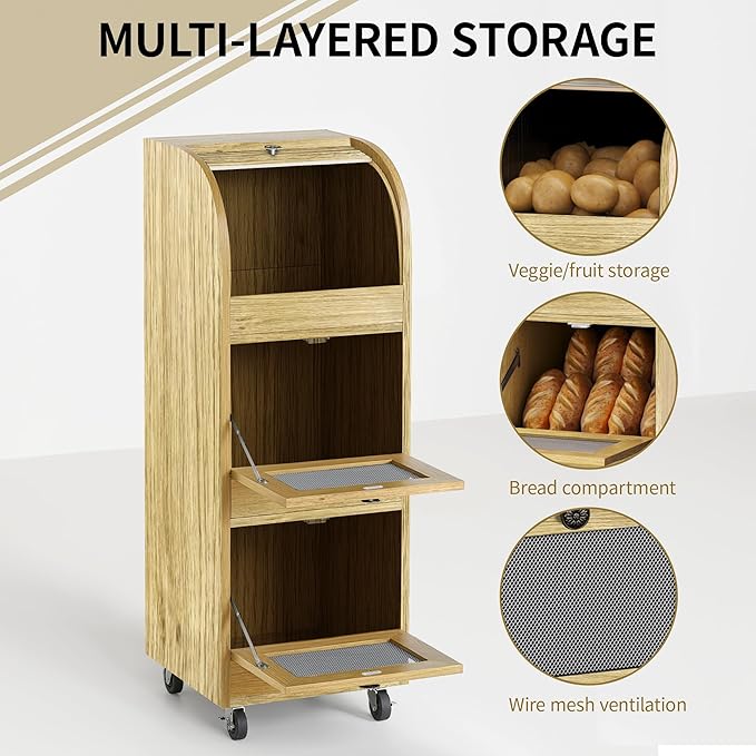 Potato Storage Bin Movable Bread Box with Lid Rustic and Wheels Onion Organizer with Grocery Section Decorative Vegetable Organization Cabinet for Kitchen (Natural)