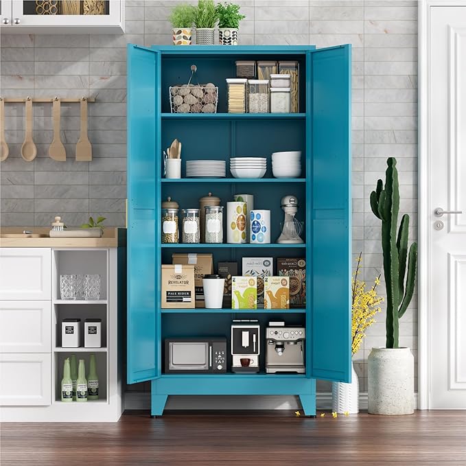 YNIQUESTLE Farmhouse Pantry Cabinet with Barn Doors, 71" H x 31.5" W, 5-Tier Metal Storage Cabinet with 4 Adjustable Shelves for Kitchen Garage Dining Room,Blue