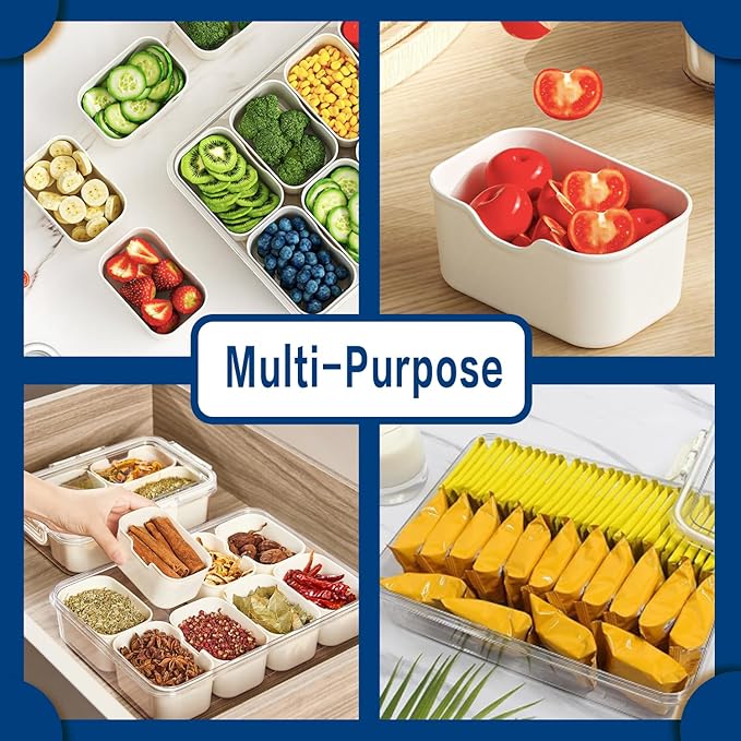 Air-Tight Snackle Box Container –Divided Serving Tray with Lid & Handle–Clear Snack box for Fruits, Candy & Nuts–Portable for Travel & Daily Use (8 Inside Containers Dishwasher Safe)