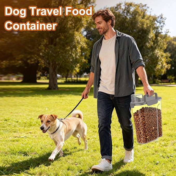 Dog Cat Food Storage Container, 5-7Lbs Pet Food Containers, Airtight Cat Food Container with Portable Handle & Measuring Cup, Small Animal Dry Food Dispenser for Dogs, Cats and Birds Grey