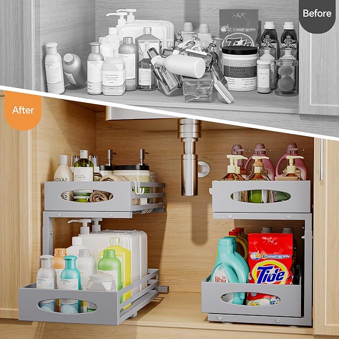 Under Sink Organizer, 2 Tier Under Sink Organizers and Storage, Adjustable Height, Slide out Metal Cabinet Organizers, Pull out Cabinet Storage Drawer Shelf for Kitchen Bathroom