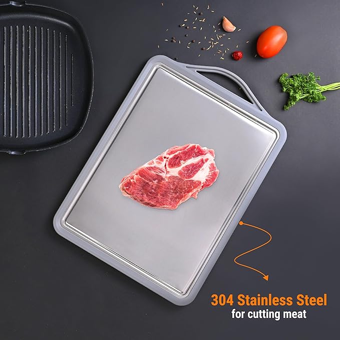 Zoane Creations Premium Stainless Steel Cutting Boards For Kitchen With Juice Groove, Double Sided 304 Grade Chopping Board, Heavy Duty, Dishwasher Safe, Non Toxic - Plain Grooved