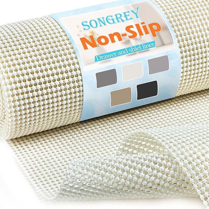 Songrey Non-Adhesive Drawer and Shelf Liner, Non Slip Cabinet Liners, Protect Kitchen Cupboard, Bathroom Drawers, Breathable, Thick Strong Grip mat (12IN x 20FT, Cream)