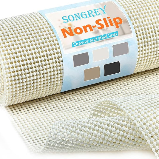 Songrey Non-Adhesive Drawer and Shelf Liner, Non Slip Cabinet Liners, Protect Kitchen Cupboard, Bathroom Drawers, Breathable, Thick Strong Grip mat (17.5IN x 20FT, Cream)