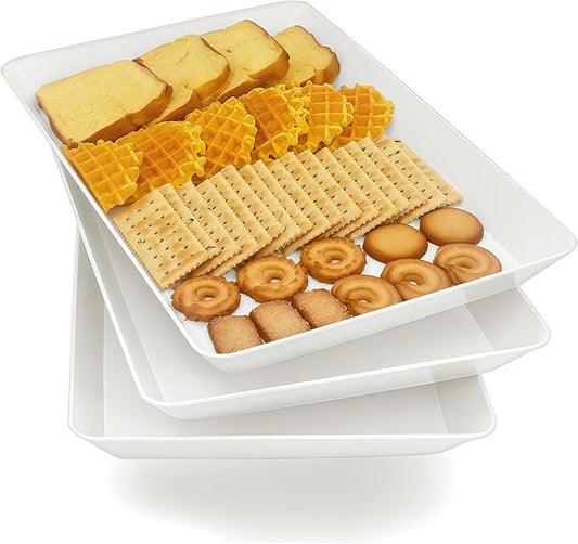 AMGBZT Serving Tray Platter, 3 Pcs Food Tray for Veggie Fruit Snack Dessert Cookie Cheese, Food Trays for Party Supplies Display, Plastic Platters for Serving Food, Large White Trays, BPA Free