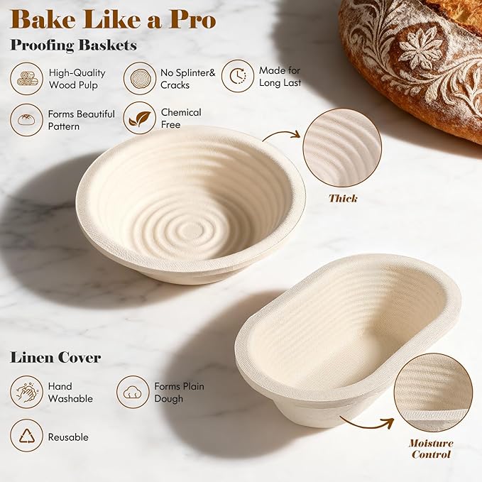 Deluxe Sourdough Starter Kit with Wood Pulp 9" Round & 10" Oval Bannetons & Personalized 34 oz Sourdough Starter Jar Air Flow Lid, Bread Sling Scrapers & Bag Complete Sourdough Bread Baking Supplies