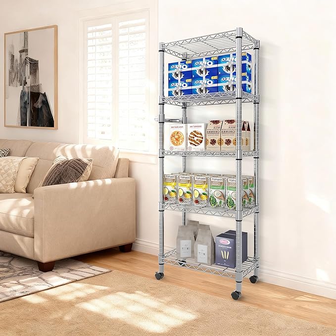 5-Tier Metal Storage Shelving Unit with Wheels, Adjustable Wire Shelf Rack with Side Handle, Stable Metal Shelves Organizer for Pantry, Kitchen and Closet,11.8" W x 23.6" D x 61" H