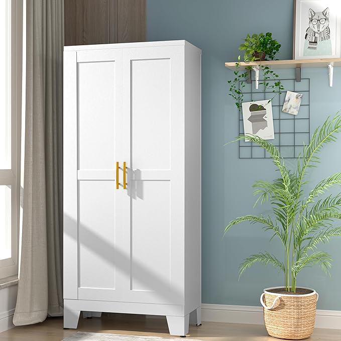 erosoei 61.02”H Pantry Storage Cabinet, Kitchen Storage Cabinets with Adjustable Feet and Shelves, Metal Pantry Cabinet for Kitchen, Living Room, Laundry Room and Dinning Room (2door-White)